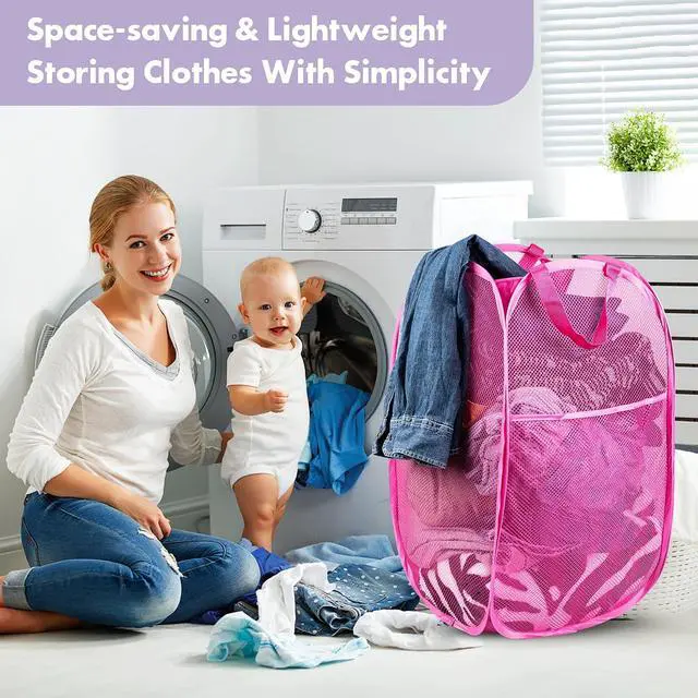 Alt view image 7 of 7 - Pop Up Laundry Hamper, 70L Collapsible Mesh Laundry Basket with Side Pocket, Foldable Dirty Clothes Hamper with Sturdy Reinforced Handles for Home Dorm Bedroom Travel Storage, Pink, 2Pack