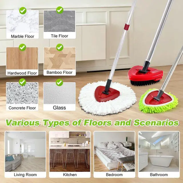Alt view image 6 of 7 - Mop Replace Heads for Ocedar Easywring 1 Tank Spin Mops Heads Replacement for O Cedar Include 2 Pack Microfiber Mopping Refills 1 Green Chenille Pad 1 Scrubber Brush & 1 Mop Base for Home Cleaning