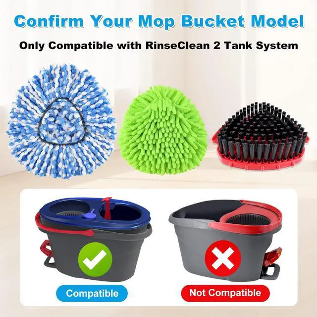 Alt view image 2 of 7 - Mop Heads Replacement for Ocedar Mop Replace Heads for O Cedar RinseClean 2 Tank Spin Mop Include 2 Pack Microfiber Mop Refills 1 Green Chenille Head 1 Upgrade Scrubber Brush & 1 Mop Base