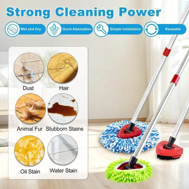 Alt view image 5 of 7 - Mop Heads Replacement for Ocedar Mop Replace Heads for O Cedar RinseClean 2 Tank Spin Mop Include 2 Pack Microfiber Mop Refills 1 Green Chenille Head 1 Upgrade Scrubber Brush & 1 Mop Base