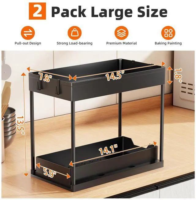 Alt view image 2 of 7 - Under Sink Organizer 2 Pack, Sink Pull-Out Sliding Storage Cabinet, 2-Tier Under Shelf Organizer for Kitchen Bathroom, Black