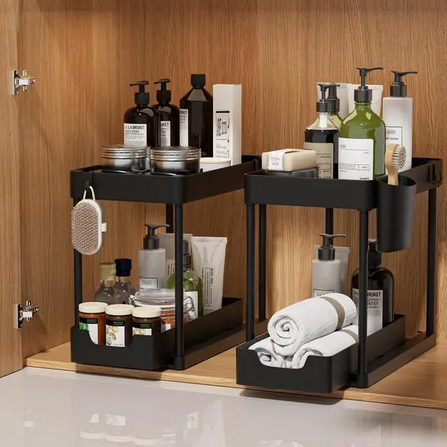 Main image of 2 Pack Under Sink Organizer with Sliding Basket - 2 Tier Metal Cabinet Storage Shelf for Bathroom, Kitchen Sink - Adjustable Shelves, Space Saver,Black