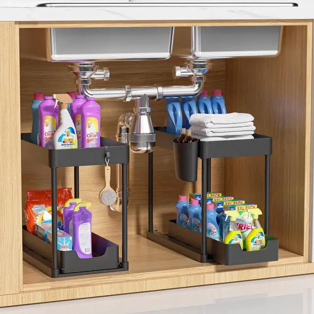Alt view image 2 of 7 - 2 Pack Under Sink Organizer with Sliding Basket - 2 Tier Metal Cabinet Storage Shelf for Bathroom, Kitchen Sink - Adjustable Shelves, Space Saver,Black