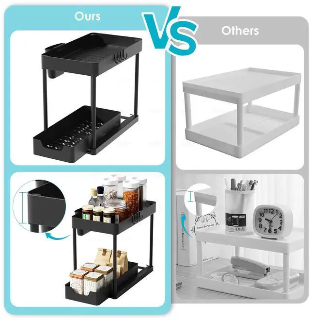 Alt view image 3 of 7 - 2 Pack Under Sink Organizer with Sliding Basket - 2 Tier Metal Cabinet Storage Shelf for Bathroom, Kitchen Sink - Adjustable Shelves, Space Saver,Black