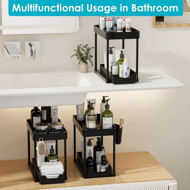 Alt view image 5 of 7 - 2 Pack Under Sink Organizer with Sliding Basket - 2 Tier Metal Cabinet Storage Shelf for Bathroom, Kitchen Sink - Adjustable Shelves, Space Saver,Black