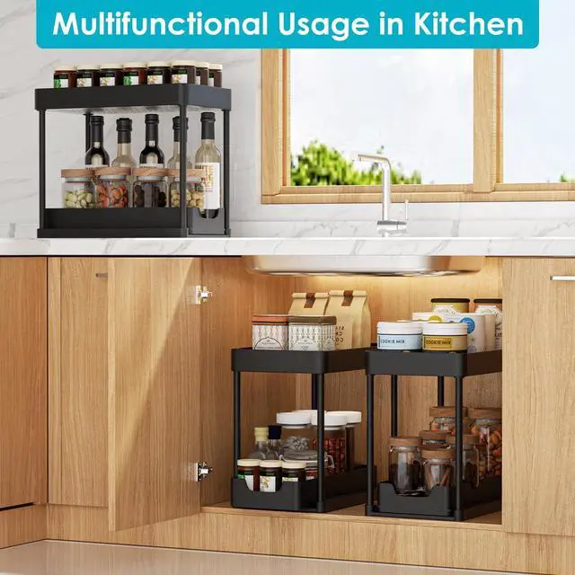Alt view image 4 of 7 - 2 Pack Under Sink Organizer with Sliding Basket - 2 Tier Metal Cabinet Storage Shelf for Bathroom, Kitchen Sink - Adjustable Shelves, Space Saver,Black