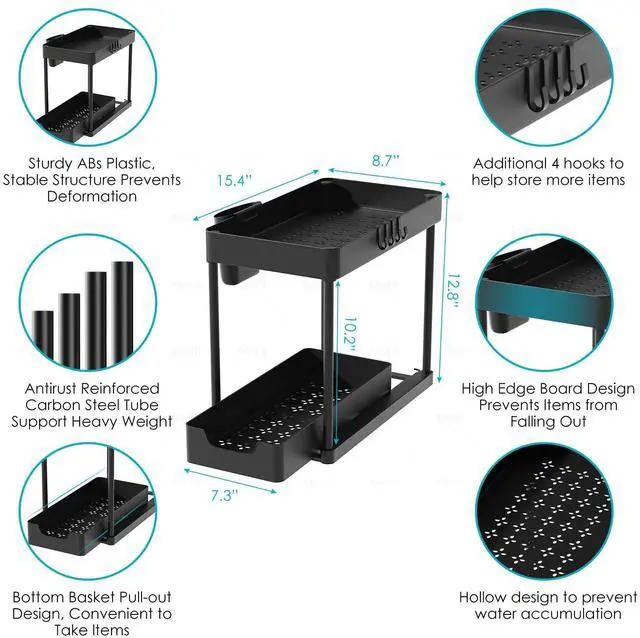 Alt view image 6 of 7 - 2 Pack Under Sink Organizer with Sliding Basket - 2 Tier Metal Cabinet Storage Shelf for Bathroom, Kitchen Sink - Adjustable Shelves, Space Saver,Black