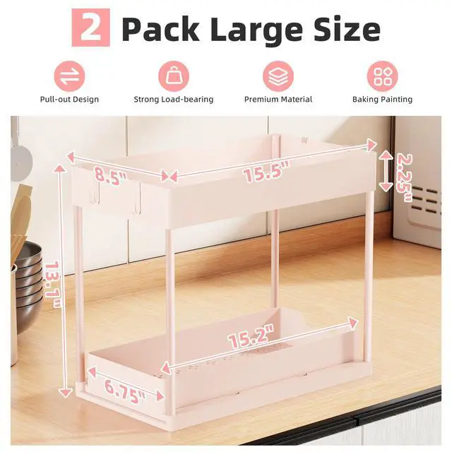 Alt view image 2 of 7 - Under Sink Organizer 2 Pack, Sink Pull-Out Sliding Storage Cabinet, 2-Tier Under Shelf Organizer for Kitchen Bathroom, Pink