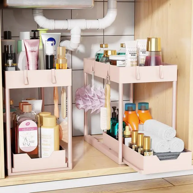 Main image of Under Sink Organizer 2 Pack, Sink Pull-Out Sliding Storage Cabinet, 2-Tier Under Shelf Organizer for Kitchen Bathroom, Pink