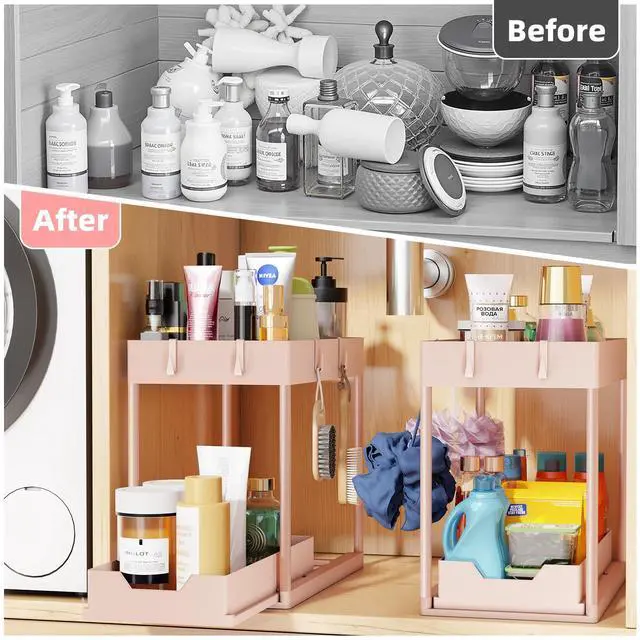 Alt view image 3 of 7 - Under Sink Organizer 2 Pack, Sink Pull-Out Sliding Storage Cabinet, 2-Tier Under Shelf Organizer for Kitchen Bathroom, Pink