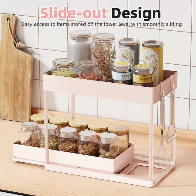 Alt view image 4 of 7 - Under Sink Organizer 2 Pack, Sink Pull-Out Sliding Storage Cabinet, 2-Tier Under Shelf Organizer for Kitchen Bathroom, Pink