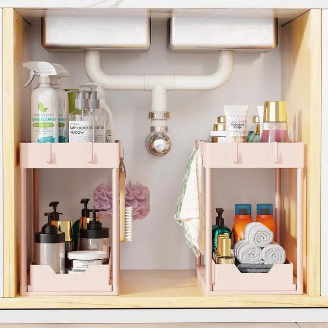 Alt view image 7 of 7 - Under Sink Organizer 2 Pack, Sink Pull-Out Sliding Storage Cabinet, 2-Tier Under Shelf Organizer for Kitchen Bathroom, Pink