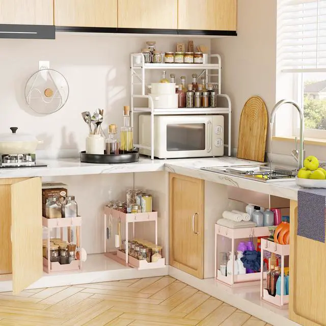 Alt view image 6 of 7 - Under Sink Organizer 2 Pack, Sink Pull-Out Sliding Storage Cabinet, 2-Tier Under Shelf Organizer for Kitchen Bathroom, Pink