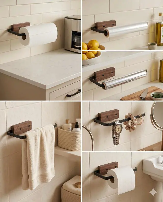 Alt view image 6 of 7 - Paper Towel Holder - Self-Adhesive or Drilling,Under Cabinet Paper Towel Holder for Kitchen, Paper Towel Roll Rack for Bathroom Towel Wall Mounted Matte Black, SUS304 Stainless Steel (1, Black)