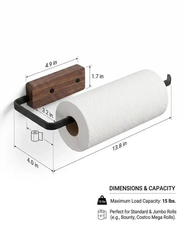 Alt view image 7 of 7 - Paper Towel Holder - Self-Adhesive or Drilling,Under Cabinet Paper Towel Holder for Kitchen, Paper Towel Roll Rack for Bathroom Towel Wall Mounted Matte Black, SUS304 Stainless Steel (1, Black)