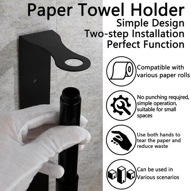 Alt view image 3 of 7 - Paper Towel Holder, Black Stainless Steel Under Cabinet Wall Mount, Self-Adhesive Kitchen Roll Rack, Heavy-Duty Organization Storage