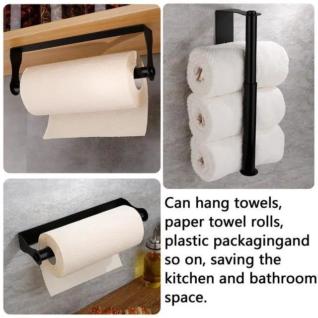Alt view image 4 of 7 - Paper Towel Holder, Black Stainless Steel Under Cabinet Wall Mount, Self-Adhesive Kitchen Roll Rack, Heavy-Duty Organization Storage