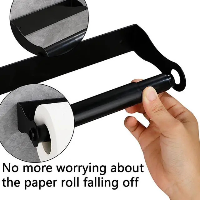 Alt view image 5 of 7 - Paper Towel Holder, Black Stainless Steel Under Cabinet Wall Mount, Self-Adhesive Kitchen Roll Rack, Heavy-Duty Organization Storage