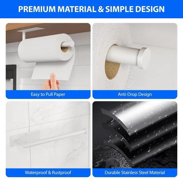 Alt view image 4 of 7 - Paper Towel Holder Under Cabinet, Self-Adhesive,No Drilling, Stainless Steel, Wall-Mounted for Kitchen and Bathroom, Easy Install, Durable, Space-Saving, Ideal for Home, RV (White, 2 Pack)