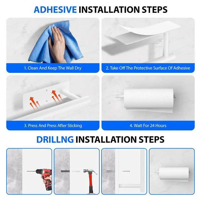 Alt view image 6 of 7 - Paper Towel Holder Under Cabinet, Self-Adhesive,No Drilling, Stainless Steel, Wall-Mounted for Kitchen and Bathroom, Easy Install, Durable, Space-Saving, Ideal for Home, RV (White, 2 Pack)