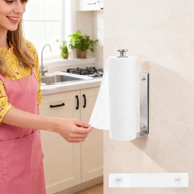 Alt view image 5 of 7 - Magnetic Paper Towel Holder for Fridge, No Drill, One Hand Tear Paper Towel Holder with Ratchet Mechanism, Self-Adhesive & Wall Mount for Refrigerator, Kitchen, Garage, RV(Color:Silver)