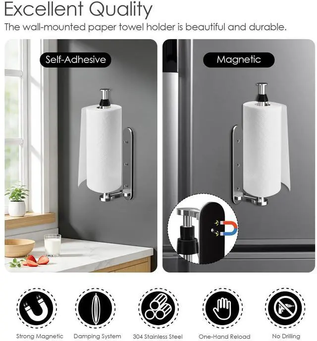 Alt view image 4 of 7 - Magnetic Paper Towel Holder, One Hand Operable Paper Towel Holder Wall Mount Self Adhesive and Strong Magnetic Backing for Kitchen Refrigerator Grill RV(Silver)