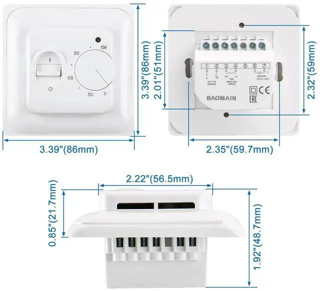 Alt view image 5 of 6 - Home Nonprogrammable Thermostats, Radiant Floor Heating Temperature Manual Controller 110-120V AC 16A 4 Wire (Degrees Fahrenheit °F)