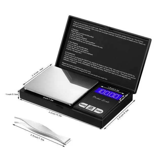 Alt view image 2 of 7 - Digital Pocket Scale Set,100 g 0.01 g Mini Scale Electronic Grams Scale with 1 g, 2 g, 5 g, 10 g, 20 g, 100 g Calibration Weight and Calibration Weight Tweezer for Food Jewelry, Totally 8 Pieces