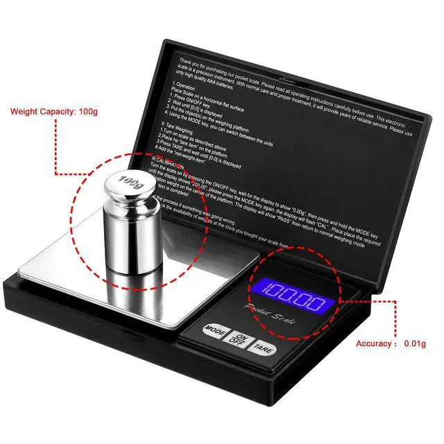 Alt view image 3 of 7 - Digital Pocket Scale Set,100 g 0.01 g Mini Scale Electronic Grams Scale with 1 g, 2 g, 5 g, 10 g, 20 g, 100 g Calibration Weight and Calibration Weight Tweezer for Food Jewelry, Totally 8 Pieces