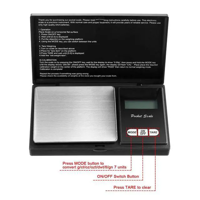 Alt view image 4 of 7 - Digital Pocket Scale Set,100 g 0.01 g Mini Scale Electronic Grams Scale with 1 g, 2 g, 5 g, 10 g, 20 g, 100 g Calibration Weight and Calibration Weight Tweezer for Food Jewelry, Totally 8 Pieces