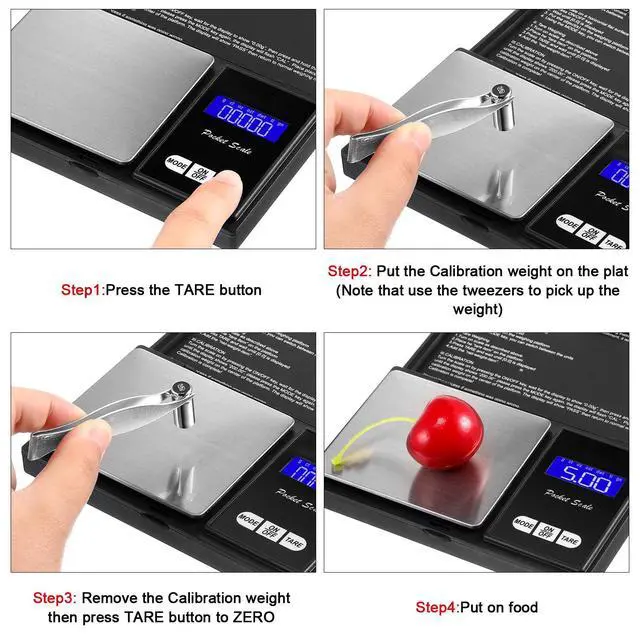 Alt view image 6 of 7 - Digital Pocket Scale Set,100 g 0.01 g Mini Scale Electronic Grams Scale with 1 g, 2 g, 5 g, 10 g, 20 g, 100 g Calibration Weight and Calibration Weight Tweezer for Food Jewelry, Totally 8 Pieces