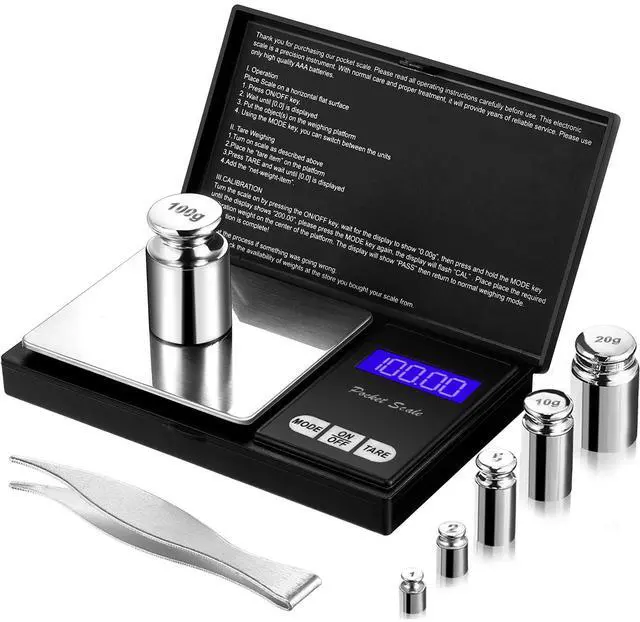 Main image of Digital Pocket Scale Set,100 g 0.01 g Mini Scale Electronic Grams Scale with 1 g, 2 g, 5 g, 10 g, 20 g, 100 g Calibration Weight and Calibration Weight Tweezer for Food Jewelry, Totally 8 Pieces