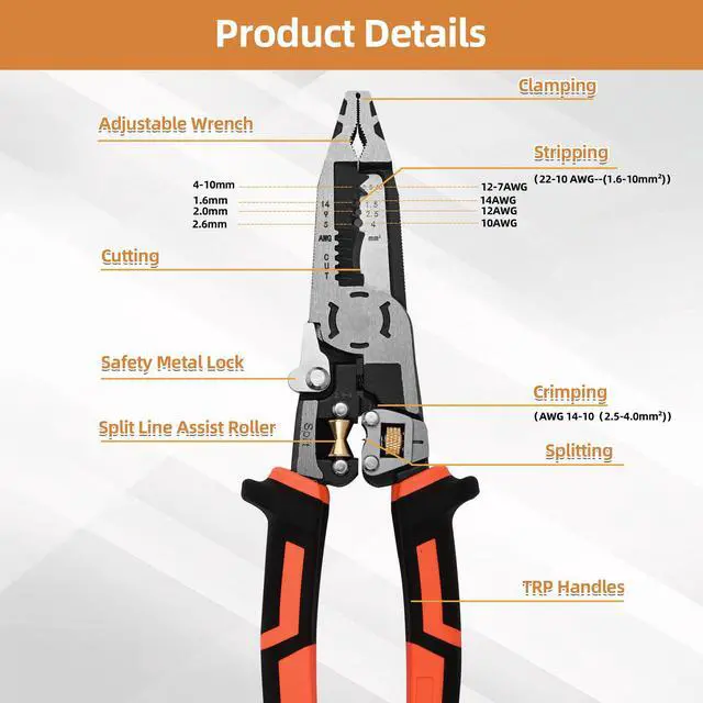 Alt view image 5 of 7 - Wire Stripper Wire Crimping Tool - 10-in-1 Versatile Wire Cutter Crimper Cable Stripper AWG 22-10 Heavy Duty Wire Stripper Cutter Pliers Tool for Splitting,Stripping,Cutting,Crimping,Clamping