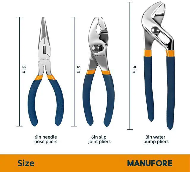 Alt view image 3 of 7 - 3-Piece 6" and 8" Household Pliers with Storage Pouch for Home Use