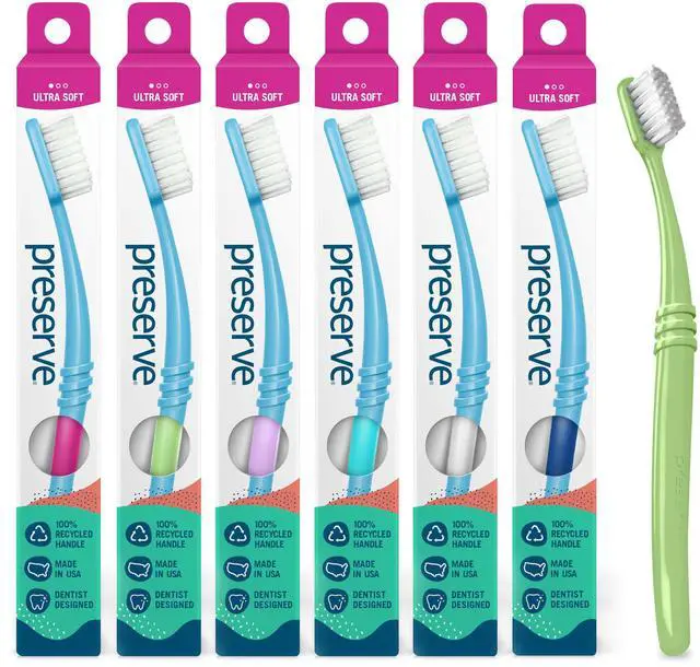 Main image of Eco Friendly Adult Toothbrushes, Made in The USA from Recycled Plastic, Ultra Soft Bristles, Paperboard Package, Colors Vary, 6 Count