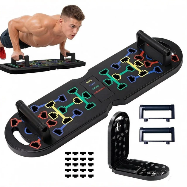 Main image of Portable Push Up Board with Resistance Bands & Pilates Bar, Foldable Home Gym Equipment, Color-Coded Push Up System for Full Body Strength Training, Chest, Arms, Core Workout