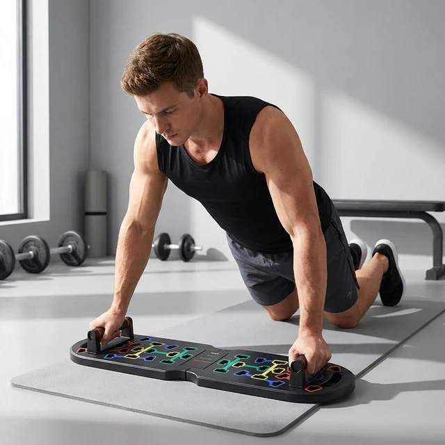 Alt view image 6 of 7 - Portable Push Up Board with Resistance Bands & Pilates Bar, Foldable Home Gym Equipment, Color-Coded Push Up System for Full Body Strength Training, Chest, Arms, Core Workout