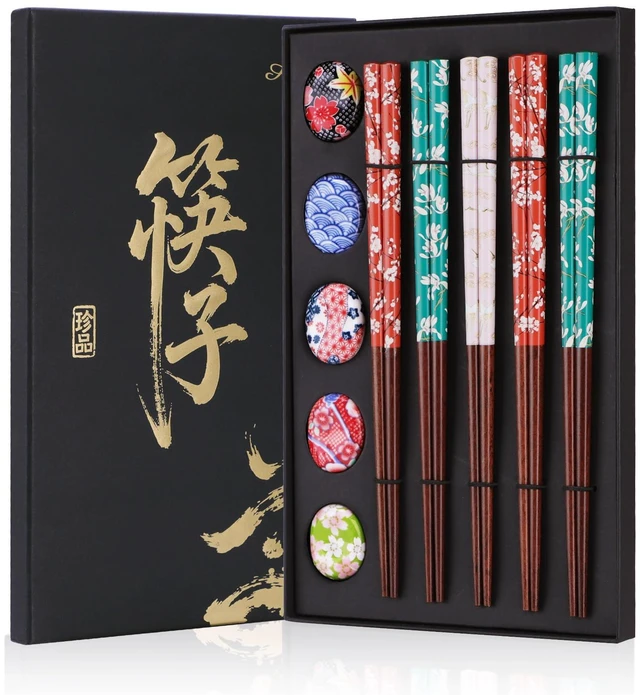 Main image of 5 Pairs Reusable Wooden Chopsticks and Ceramic Rests Set, 8.8 Inch/22.5cm Classic Japanese Style Chopsticks with Holders for Ramen Sushi Asian Cuisine Lovers, Black Elegant Gift Box