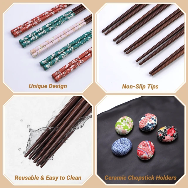 Alt view image 3 of 7 - 5 Pairs Reusable Wooden Chopsticks and Ceramic Rests Set, 8.8 Inch/22.5cm Classic Japanese Style Chopsticks with Holders for Ramen Sushi Asian Cuisine Lovers, Black Elegant Gift Box