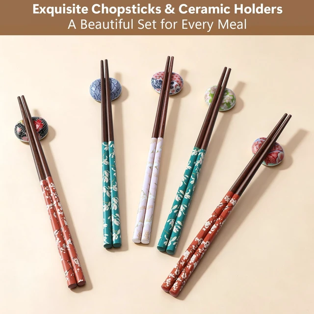 Alt view image 4 of 7 - 5 Pairs Reusable Wooden Chopsticks and Ceramic Rests Set, 8.8 Inch/22.5cm Classic Japanese Style Chopsticks with Holders for Ramen Sushi Asian Cuisine Lovers, Black Elegant Gift Box