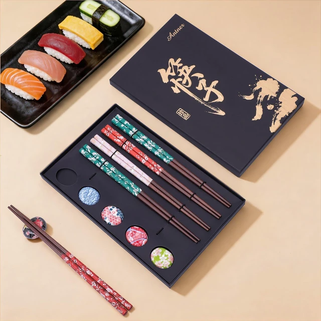 Alt view image 5 of 7 - 5 Pairs Reusable Wooden Chopsticks and Ceramic Rests Set, 8.8 Inch/22.5cm Classic Japanese Style Chopsticks with Holders for Ramen Sushi Asian Cuisine Lovers, Black Elegant Gift Box