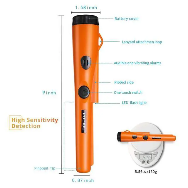 Alt view image 3 of 6 - Pinpoint Metal Detector Pinpointer - Fully Waterproof with Orange Color Include a 9V Battery 360 Search Treasure Pinpointing Finder Probe with Belt Holster for Adults and Kids(Three Mode)