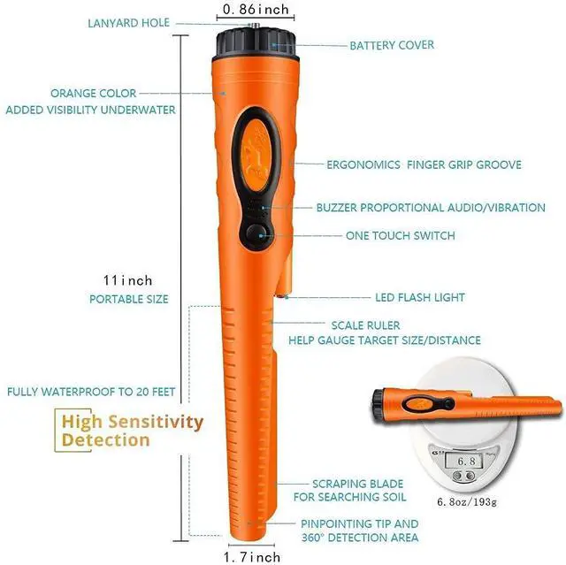 Alt view image 3 of 5 - Fully Waterproof Pinpoint Metal Detector Pinpointer - 360° Search Pinpointing Finder Probe Treasure Hunting Tool Accessories for Adults and Kids (Three Mode) Hs08 Orange
