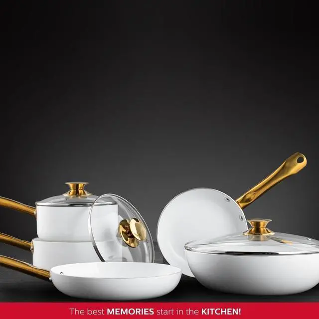 Alt view image 4 of 4 - 8-Inch Ceramic Nonstick Frying Pan Skillet, Elegant White and Gold Color Handle - Golden Elegance for Every Kitchen