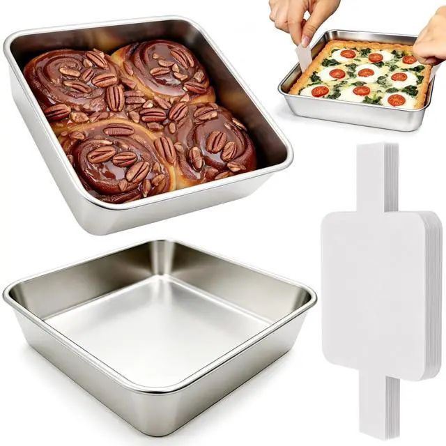 Main image of 2 Pack Stianless Steel 8x8 Baking Pan with 60 PCS Parchment Paper
