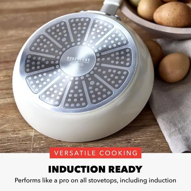 Alt view image 3 of 7 - x Bobby Flay 8" Nonstick Frying Pan Skillet, PFAS-Free Diamond Ceramic, Induction Suitable, Stay-Cool Silicone Handle, Easy Clean Dishwasher & Oven Safe, Egg & Omelet Pan, Cream