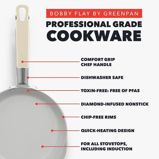Alt view image 2 of 7 - x Bobby Flay 8" Nonstick Frying Pan Skillet, PFAS-Free Diamond Ceramic, Induction Suitable, Stay-Cool Silicone Handle, Easy Clean Dishwasher & Oven Safe, Egg & Omelet Pan, Cream