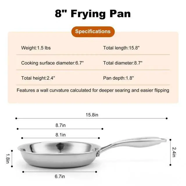 Alt view image 2 of 7 - Tri-Ply Stainless Steel Frying Pan 8 InchNon-Toxic PFAS, PFOA & PTFE Free, Compatible With All Cooktops & Induction Safe, Oven Safe Pan for Searing & Sautéing (8 Inch)