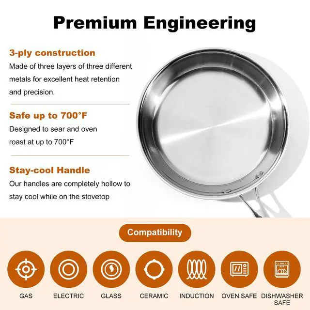 Alt view image 3 of 7 - Tri-Ply Stainless Steel Frying Pan 8 InchNon-Toxic PFAS, PFOA & PTFE Free, Compatible With All Cooktops & Induction Safe, Oven Safe Pan for Searing & Sautéing (8 Inch)