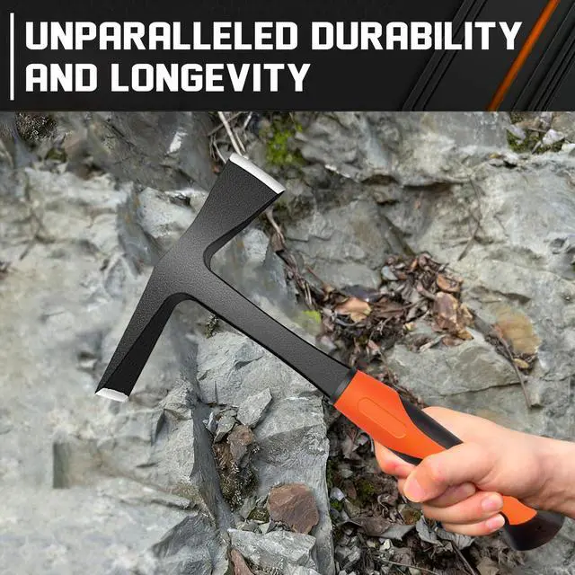Alt view image 7 of 7 - Forged Brick Hammer - 28oz Masonry Hammer, Geologist Rock Pick with Pointed Tip, Heavy Duty Bricklayer & Mason Tool with Forged Steel Construction & Shock Reduction handle (flat & axe)
